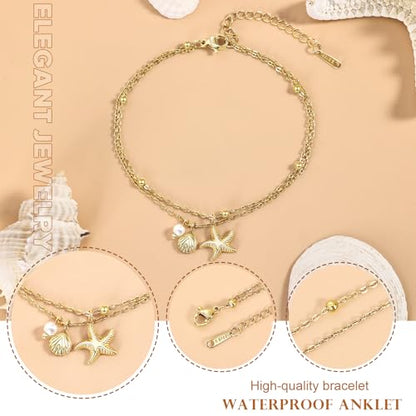Gold Ankle Bracelets for Women, Waterproof Anklets Dainty Beach Anklet Adjustable Link Chain Cute Stainless Steel Anklets Summer Beach Shell Starfish Pearl Foot Jewelry Non Tarnish Lightweight - color: Anklet-Gold