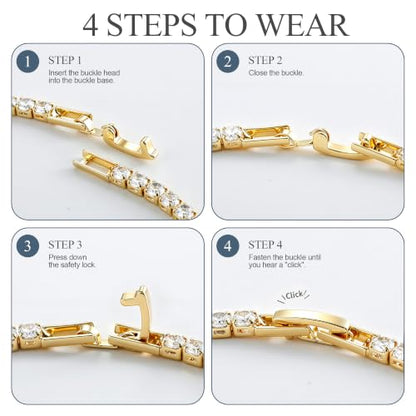 Tewiky Tennis Bracelet 14K Gold/Silver Plated 3mm Cubic Zirconia Tennis Bracelets for Women, Dainty Gold Bracelets for Women Non Tarnish Jewelry - color: Gold