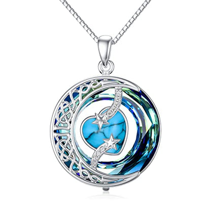 TOUPOP Birthstone Necklace Women Sterling Silver Moon Star Birthday Jewelry | Celtic Moon Pendant with Blue Crystal Anniversary Christmas Jewelry Gifts for Wife Mom Her - color: A-13-Turquoise