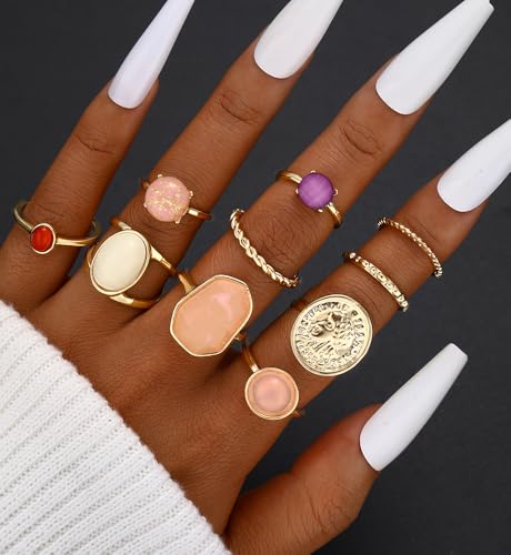 iF YOU 25 Pcs Gold Stackable Ring Set for Women, Chunky Knuckle Finger Midi Rings, Silver Simple Stacking Cute Rings Pack Trendy Stuff Jewelry Gift - style: 24 Small gem rings-size 1.2-7.4