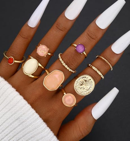 iF YOU 25 Pcs Gold Stackable Ring Set for Women, Chunky Knuckle Finger Midi Rings, Silver Simple Stacking Cute Rings Pack Trendy Stuff Jewelry Gift - style: 24 Small gem rings-size 1.2-7.4