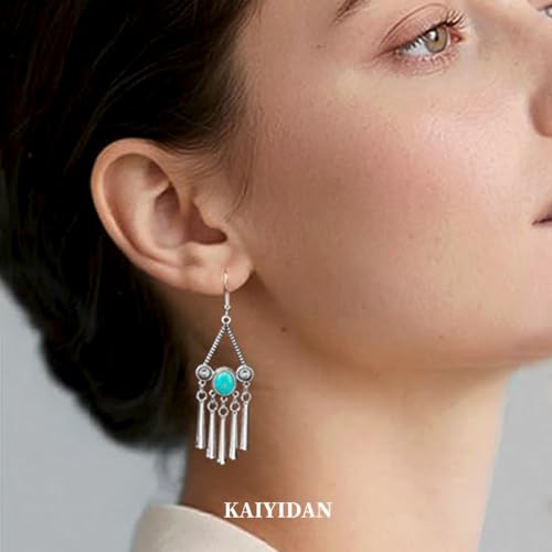 Boho Turquoise Dangle Earrings For Women Trendy,Western Blue Gemstone Drop Earings,Vintage Gothic Ethnic Statement Beach Vacation Long Birthstone Earrings with Leaf Teardrop Turquoise Crystal Tassels,Fashion Jewelry Birthday Gift. - style: A1 Turquoise ta