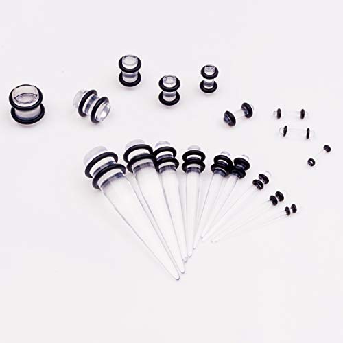 50 Pcs Ear Gauges Stretching Kit 14G-00G | Acrylic Tapers and Plugs Silicone Tunnels, Gauge Expanders Stretching Kit, Piercing Earring Jewelry for Men and Women - color: Clear