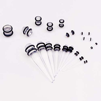 50 Pcs Ear Gauges Stretching Kit 14G-00G | Acrylic Tapers and Plugs Silicone Tunnels, Gauge Expanders Stretching Kit, Piercing Earring Jewelry for Men and Women - color: Clear