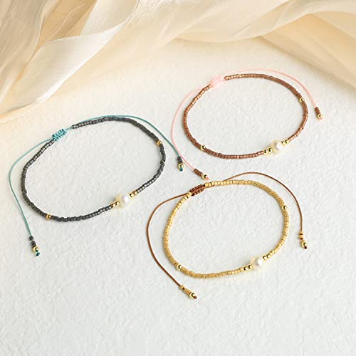 KELITCH 3 PCS Natural Pearls Bracelets Women Strand Thin Rope Friendship Bracelets Handmade Stack Charm Bracelets - color: Gold Grey 02B