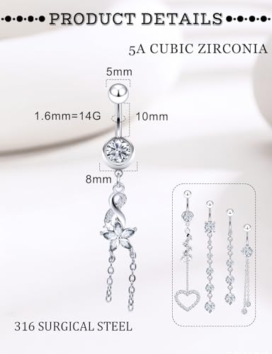 14G Belly Button Ring Piercing Surgical Steel Clear Pink CZ Dangling Navel Rings 10MM Length Hypoallergenic Heart Flower Belly Piercing Jewelry for Women Men Silver Gold - color: Silver- Clear CZ