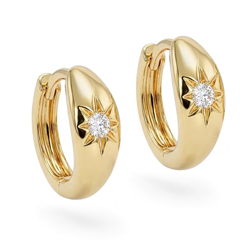 MEVECCO Chunky Huggie Hoop Earrings for Women Starburst Beaded Styles | 18K Gold Plated Brass, Triple Or Single Cubic Zirconia Star Details, Graduated Rounded Profile, Front Stone Row - style: Starburst One
