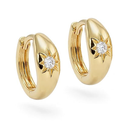 MEVECCO Chunky Huggie Hoop Earrings for Women Starburst Beaded Styles | 18K Gold Plated Brass, Triple Or Single Cubic Zirconia Star Details, Graduated Rounded Profile, Front Stone Row - style: Starburst One