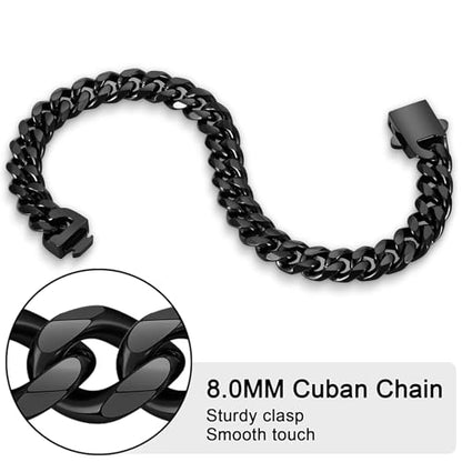 Fiusem Cuban link Mens Bracelet | 5mm/7mm/8mm Width, 7.1"/7.5"/7.9" Length Stainless Steel Bracelets for Men - color: 8mm width-black, size: 7.5 inches