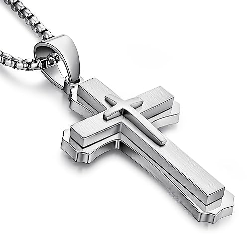 Men's Cross Necklace 316L Stainless Steel Large Heavy Cross Pendant for Men Polished Jewelry Rolo Chain with 22'' 24'' 26'' - color: A-white, size: 22 inch