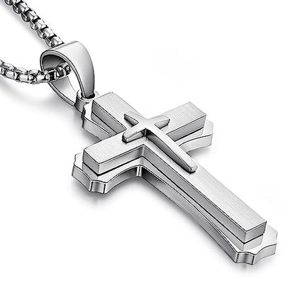 Men's Cross Necklace 316L Stainless Steel Large Heavy Cross Pendant for Men Polished Jewelry Rolo Chain with 22'' 24'' 26'' - color: A-white, size: 26 inch