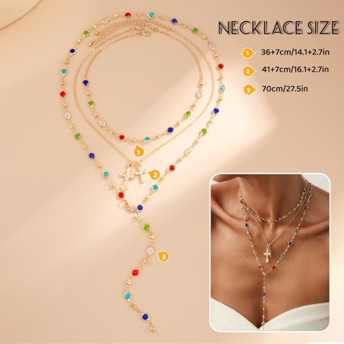 Layered Cross Necklace Set for Women, Layered Choker Necklaces Trendy Jewelry, Colorful Enamel Beaded Y-Shaped Lariat Necklace, Boho Multilayer Cross Necklace for Party and Daily Wear - color: Gold-13