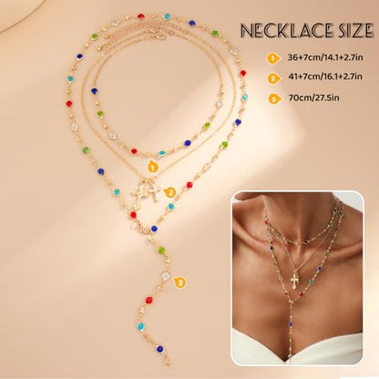 Layered Cross Necklace Set for Women, Layered Choker Necklaces Trendy Jewelry, Colorful Enamel Beaded Y-Shaped Lariat Necklace, Boho Multilayer Cross Necklace for Party and Daily Wear - color: Gold-13