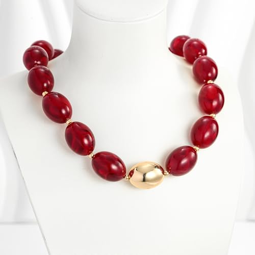 Chunky Beads Necklace for Women Trendy Gold Puffy Heart Choker Necklace Colorful Resin Beaded Heart Pendant Necklaces Statement Jewelry - color: Oval Beads-Dark Red