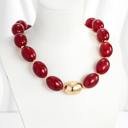 Chunky Beads Necklace for Women Trendy Gold Puffy Heart Choker Necklace Colorful Resin Beaded Heart Pendant Necklaces Statement Jewelry - color: Oval Beads-Dark Red