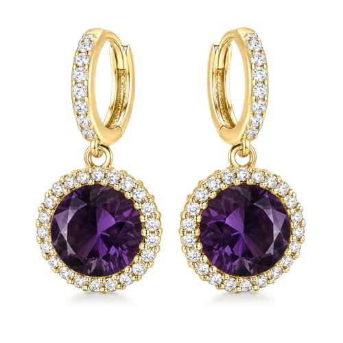 14K Gold Plated Hoop Dangle Earrings for Women, Hypoallergenic Colorful Cubic Zirconia Drop Earrings, Lightweight Huggie Earrings for Women - color: Gold/Amethyst Purple