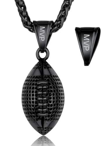 GOLDCHIC JEWELRY Sport Necklaces for Men Teen, Football Baseball Soccer Basketball Softball Necklaces with Stainless Steel Chain Athlete Jewelry Sports Fan Gift - color: American Football Pendant-Black, style: Personalised Engraving