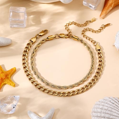 2PCS Ankle Bracelets for Women - Gold/Silver Plated Stainless Steel Anklets Set - Waterproof Layered Cuban Link Chain Anklet Bracelet Summer Beach Foot Jewelry Gifts for Women - color: Style 3-Gold