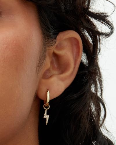 PAVOI 14K Gold Plated S925 Sterling Silver Post Lightweight Drop Dangle Huggie Hoop Earrings for Women | Star, Lock, Pearl, Cross, Lightening, Coin | Dainty Earrings - style: Lightning