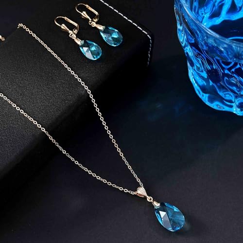 Austrian Crystals Teardrop Pendant Necklace Earrings for Women 14K Gold Plated Hypoallergenic Leverback Drop Dangle Earrings Jewelry Set - color: Aquamarine