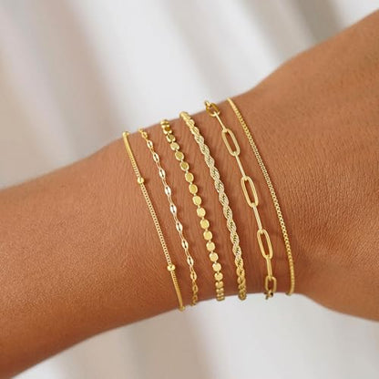 M MOOHAM Gold Bracelets Set for Women No Tarnish | 14K Gold Plated, Dainty Stackable Bracelets Stack for Women, Herringbone Paperclip Rope Cuban Chain Bracelet Set Stack - color: 7.Rope Paperclip Set