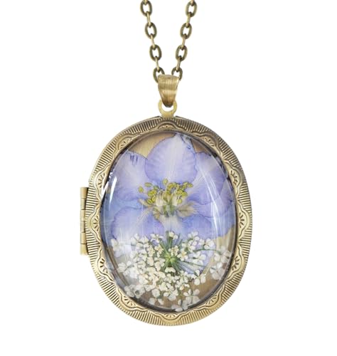 Handmade Oval Shaped Photo Locket with dried Pressed Flowers Locket pendant Necklace - style: Purple Larkspur