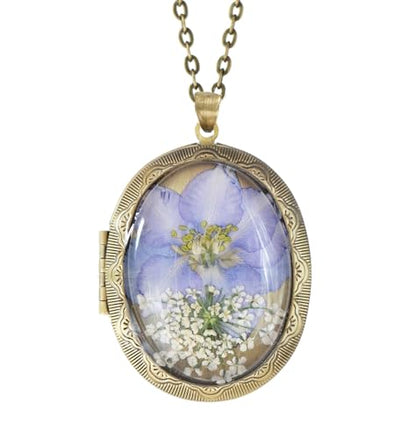 Handmade Oval Shaped Photo Locket with dried Pressed Flowers Locket pendant Necklace - style: Purple Larkspur