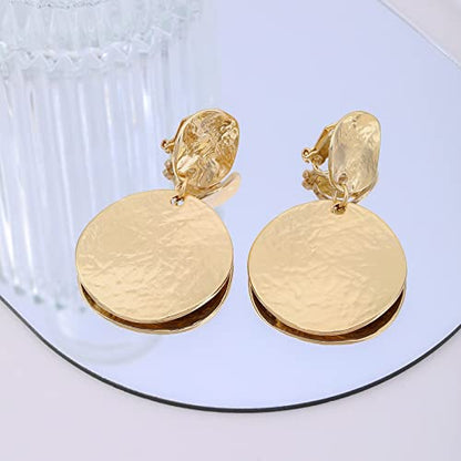 Gold Metal Clip On Earrings for Women Non Pierced Dangle Drop Earrings Multiple Styles - color: gold ruond disc
