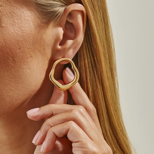 Cute Trendy 14K Gold Plated Round Irregular Geometric Stud Earrings for Women Simple Statement Silver Hollow Circle Drop Earring Jewelry Accessories