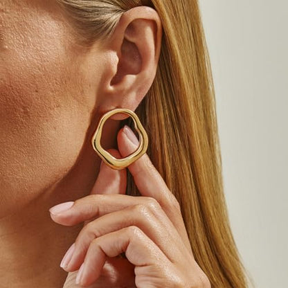 Cute Trendy 14K Gold Plated Round Irregular Geometric Stud Earrings for Women Simple Statement Silver Hollow Circle Drop Earring Jewelry Accessories