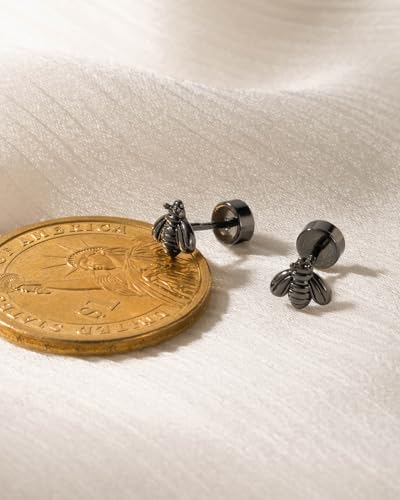 Flat Back Earrings for Women Cartilage Helix | Comfortable Dainty Cute Dragon Bee Bird Phoenix Dragonfly Cute Animal Leaf Spiral Rhombus Design Flatback Stud Earrings - color: Black Bee
