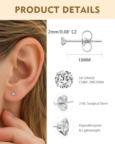 5/10 Pairs Silver Gold Small Stud Earrings Set Surgical for Women | 2 mm 0.08" Cubic Zirconia, 14K Gold Plated 316L Stainless Steel, Hypoallergenic, CZ Multiple Piercing Earring - color: Silver-5 pair/2mm