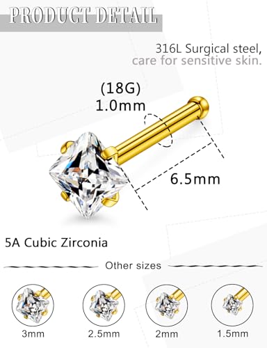 18G 20G 14K Gold Filled Nose Rings Studs Piercing Jewelry For Women Men 316L Surgical Steel Round Square Cubic Zirconia Nose Rings Studs Nostrial Piercing Jewelry CZ 1.5mm 2mm 2.5mm 3mm - color: 14K Gold Plated, size: 18 Gauge-Straight-Square CZ
