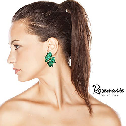 Rosemarie Collections Women's Dazzling Crystal Marquis Leaf Cluster Statement Clip On Earrings, 1.87" - style: Green Emerald Crystal Gold Tone