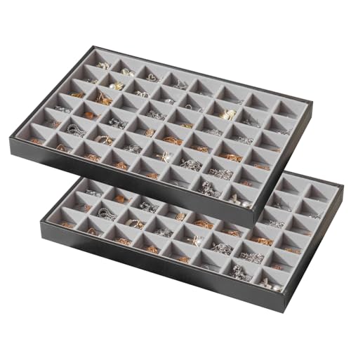 Large Jewelry Organizer Tray for Drawer Inserts 2 Pack | Stackable Jewelry Storage PU Leather Velvet Jewellery Display Case for Earring Bracelet Necklace (Black Gray, 48 Grids) - color: Black Gray, size: 48 Grids