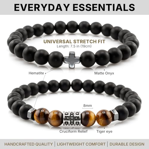 Flybar Men's 4 Piece Beaded Bracelet Set, Natural Lava Stone Black Onyx Matte Agate Tiger Eye, Stretchable Elastic Handmade Stackable - color: CK04 Cross Tiger eye 4