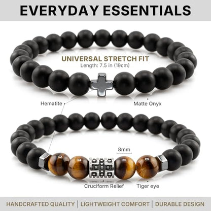 Flybar Men's 4 Piece Beaded Bracelet Set, Natural Lava Stone Black Onyx Matte Agate Tiger Eye, Stretchable Elastic Handmade Stackable - color: CK04 Cross Tiger eye 4