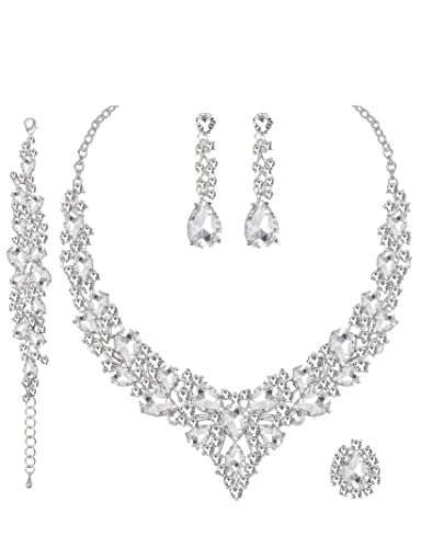 CSY Elegant Crystal Costume Jewelry Sets for Formal Events Gown Accessories | 4-Piece Set Bridal Necklace Earrings Bracelet Ring Set for Brides Eco-friendly Statement Jewelry for Wedding Party Prom - color: White crystal-silver tone