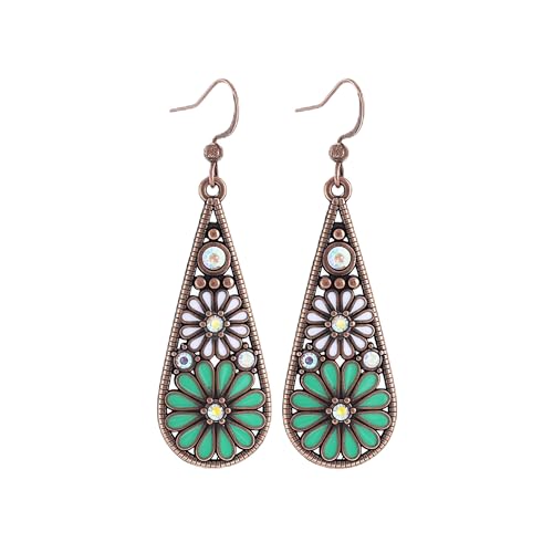 Bohemian Crystal Teardrop Dangle Earrings, Copper, Tribal Geometric Design, Handmade National Style for Women - color: Light Green
