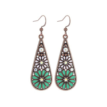 Bohemian Crystal Teardrop Dangle Earrings, Copper, Tribal Geometric Design, Handmade National Style for Women - color: Light Green