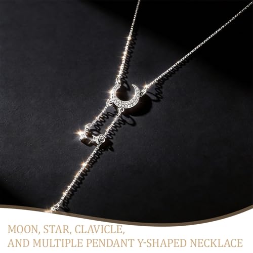 Moon Y Necklace Silver with Star Pendant, Rhinestone Long Link Chain Jewelry, Adjustable Moon Choker Crescent Pendant Collarbone Necklaces, Celestial Statement Jewelry Gifts for Women - style: StyleD
