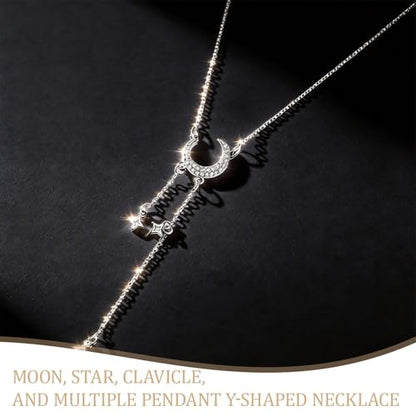Moon Y Necklace Silver with Star Pendant, Rhinestone Long Link Chain Jewelry, Adjustable Moon Choker Crescent Pendant Collarbone Necklaces, Celestial Statement Jewelry Gifts for Women - style: StyleD