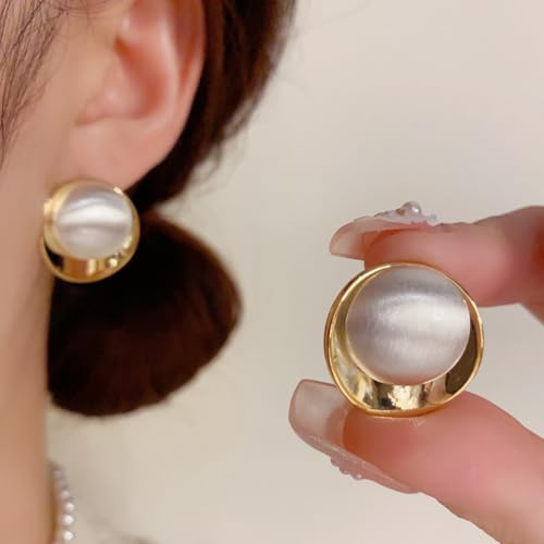 Geometric Chunky Stud Earrings for Women,Thick Brashed Matte Brass Metal Lightweight Dainty Trendy Statement Two-Tone Jewelry Earrings - color: White