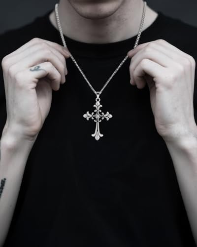 Stainless Steel Gothic Y2K Punk Rock Emo Biker Pendant Necklace | Cosplay Vintage Viking Alt Edgy Fashion Charm Necklace Jewelry for Men Women Active Daily Wear - style: Fleur de Lis Rhinestones Cross