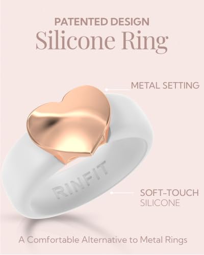 Rinfit Womens Silicone Wedding Ring with Stainless Steel Heart - Rubber Bands - Patented Design - color: PACK E: White / Metal Heart - Rose Gold, size: Size 8