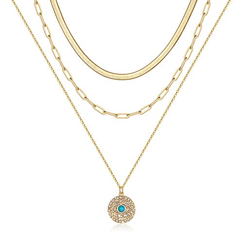 Turandoss Dainty Layered Choker Necklace, Handmade Y Pendant Necklace Multilayer Bar Disc Necklace Adjustable Layering Choker Necklaces for Women - style: 3PCS - Snake Chain&Link Chain&Evil Eye