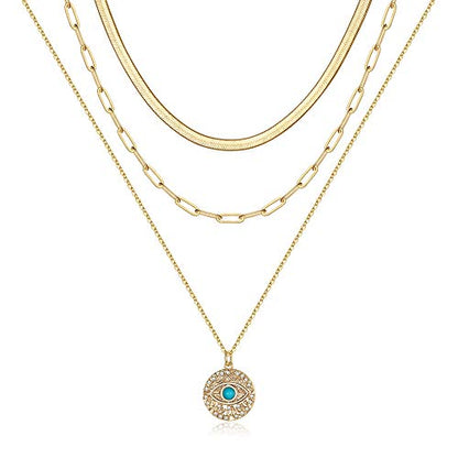 Turandoss Dainty Layered Choker Necklace, Handmade Y Pendant Necklace Multilayer Bar Disc Necklace Adjustable Layering Choker Necklaces for Women - style: 3PCS - Snake Chain&Link Chain&Evil Eye