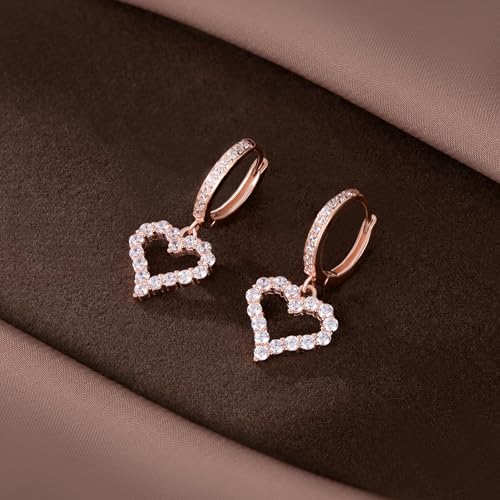 SLUYNZ 925 Sterling Silver CZ Sweet Love Hoop Earrings for Women Teens Hollow Heart Huggie Earrings Drop - color: C-Rose Color