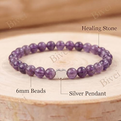 Bivei Crystal Stretch 6mm Bracelets for Women | Handmade Natural Stone Beaded Stretch Bracelet, Stainless Steel Heart Bead, Tranquility Yoga Gift Jewelry for Women - color: Amethyst - Tranquility