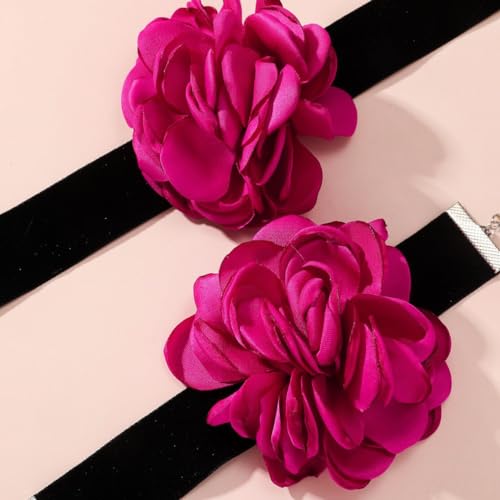 Rose Black Velvet Floral Choker Necklace - Camellia Daisy Rosette - Spring Summer Flower Jewelry - color: Hot Pink